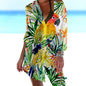 3.Women's Summer Hawaiian Parrot 3D Print Blouse – Long Sleeve Mid-Length Button-Up Beach Shirt with Pockets - ALOE WINGS STORE