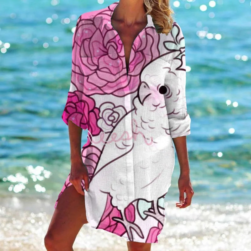 3.Women's Summer Hawaiian Parrot 3D Print Blouse – Long Sleeve Mid-Length Button-Up Beach Shirt with Pockets - ALOE WINGS STORE