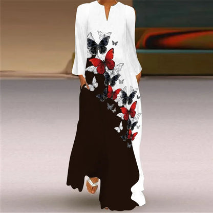 Women's Elegant Peacock Feather Print Dress - Long-Sleeve V-Neck Casual Maxi Dress with Pockets- Collection - ALOE WINGS STORE