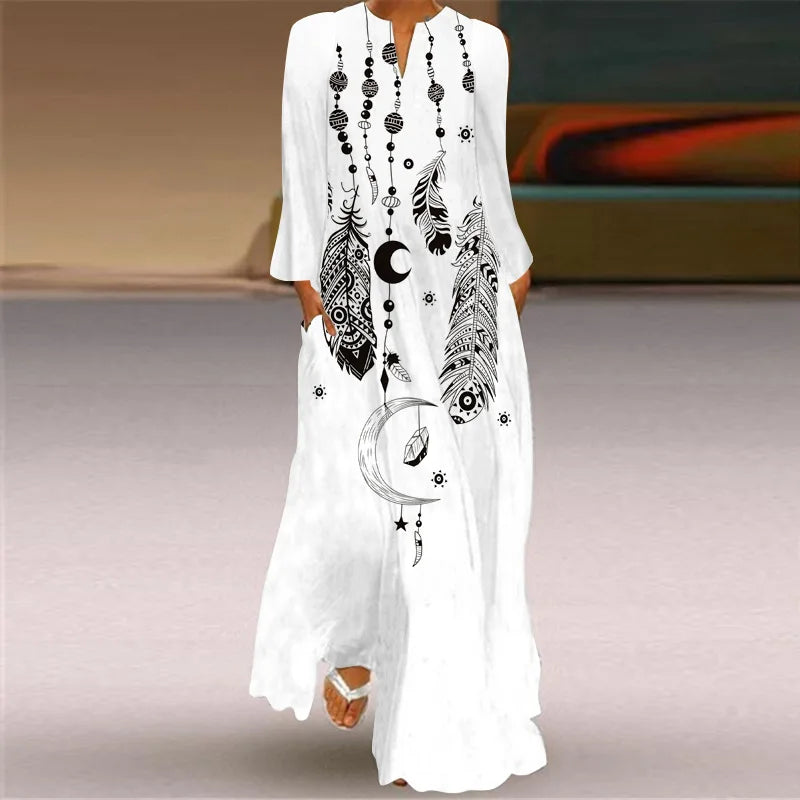 Women's Elegant Peacock Feather Print Dress - Long-Sleeve V-Neck Casual Maxi Dress with Pockets- Collection - ALOE WINGS STORE