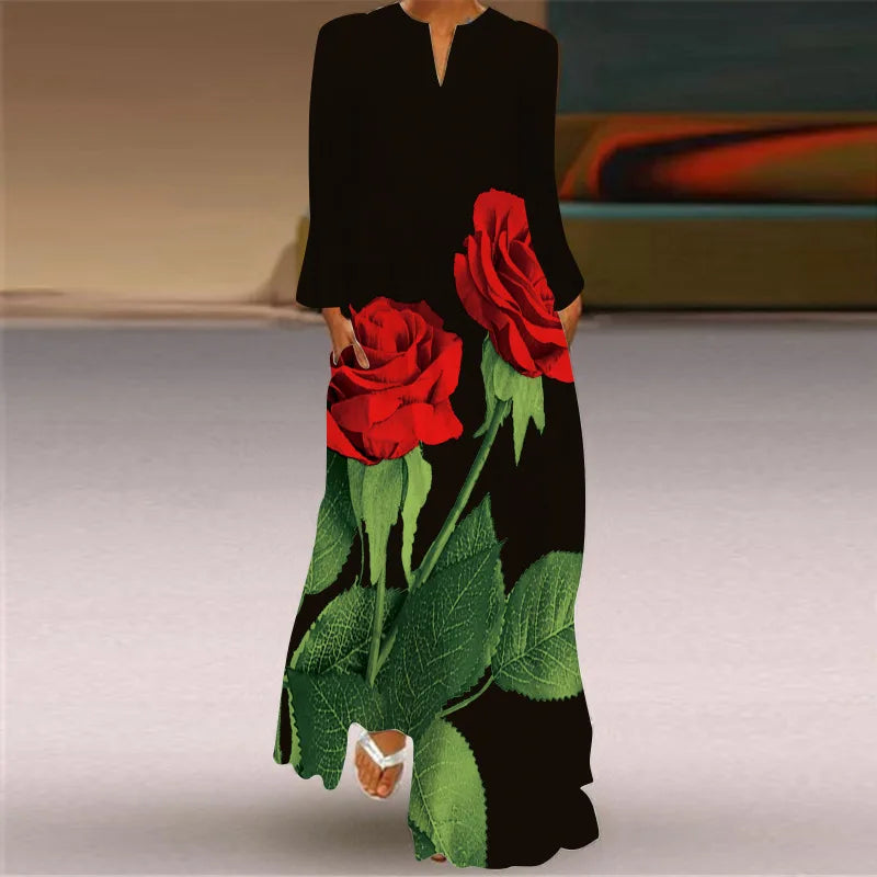 Women's Elegant Peacock Feather Print Dress - Long-Sleeve V-Neck Casual Maxi Dress with Pockets- Collection - ALOE WINGS STORE