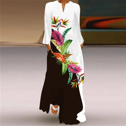 Women's Elegant Peacock Feather Print Dress - Long-Sleeve V-Neck Casual Maxi Dress with Pockets- Collection - ALOE WINGS STORE