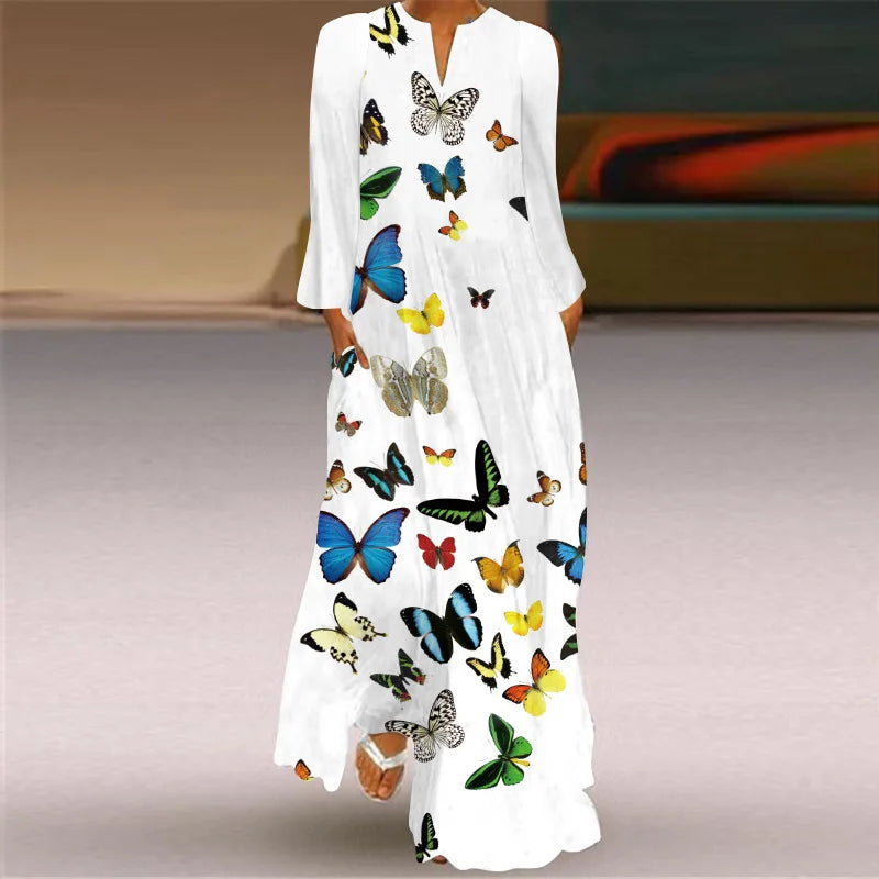 Women's Elegant Peacock Feather Print Dress - Long-Sleeve V-Neck Casual Maxi Dress with Pockets- Collection - ALOE WINGS STORE