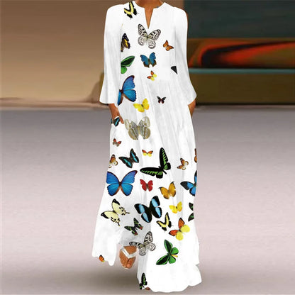 Women's Elegant Peacock Feather Print Dress - Long-Sleeve V-Neck Casual Maxi Dress with Pockets- Collection - ALOE WINGS STORE