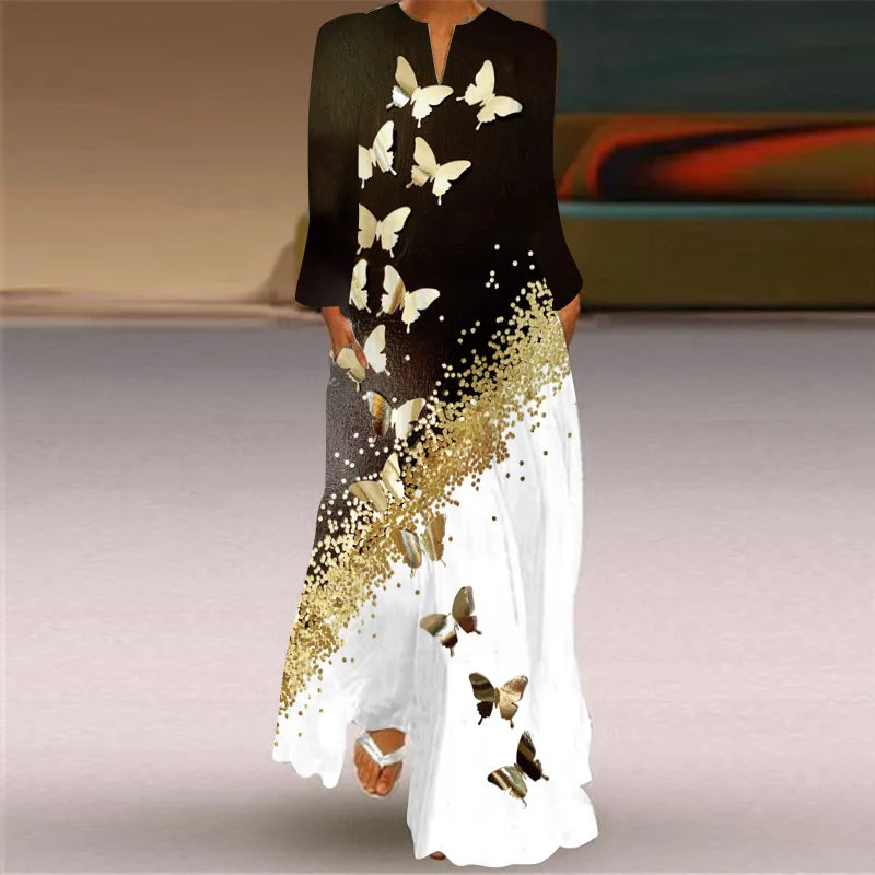 Women's Elegant Peacock Feather Print Dress - Long-Sleeve V-Neck Casual Maxi Dress with Pockets- Collection - ALOE WINGS STORE