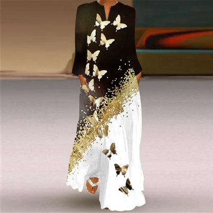 Women's Elegant Peacock Feather Print Dress - Long-Sleeve V-Neck Casual Maxi Dress with Pockets- Collection - ALOE WINGS STORE