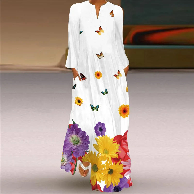 Women's Elegant Peacock Feather Print Dress - Long-Sleeve V-Neck Casual Maxi Dress with Pockets- Collection - ALOE WINGS STORE
