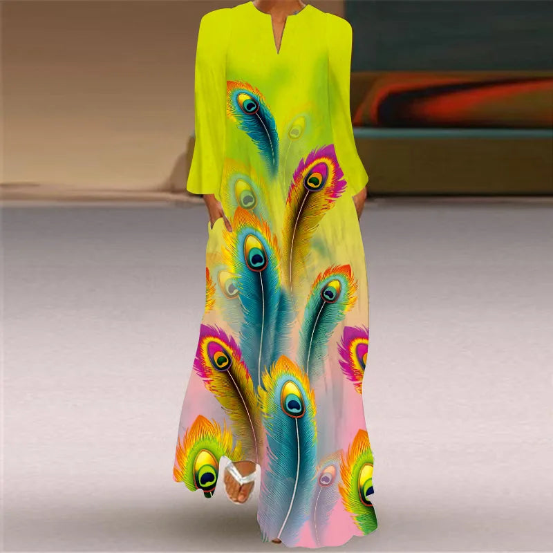 Women's Elegant Peacock Feather Print Dress - Long-Sleeve V-Neck Casual Maxi Dress with Pockets- Collection - ALOE WINGS STORE