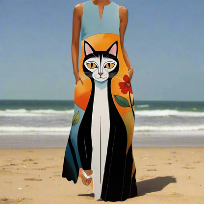 Summer Fashion V-Neck Sleeveless Maxi Dress with Cute Cartoon Cat Print & Pockets Collection - ALOE WINGS STORE