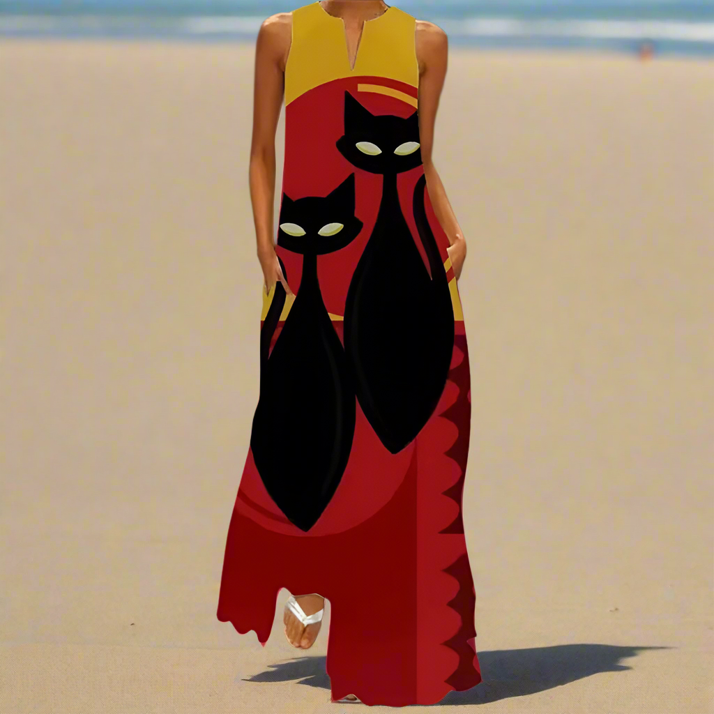 Summer Fashion V-Neck Sleeveless Maxi Dress with Cute Cartoon Cat Print & Pockets Collection - ALOE WINGS STORE
