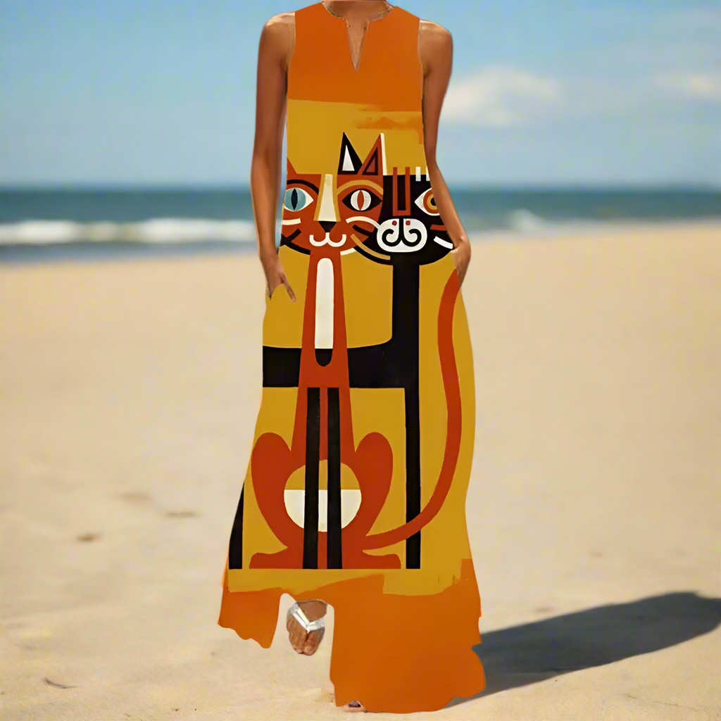 Summer Fashion V-Neck Sleeveless Maxi Dress with Cute Cartoon Cat Print & Pockets Collection - ALOE WINGS STORE
