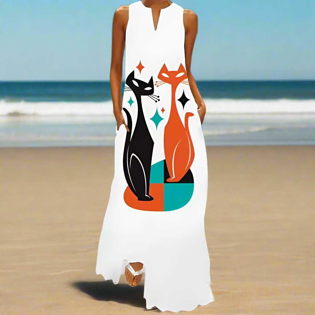 Summer Fashion V-Neck Sleeveless Maxi Dress with Cute Cartoon Cat Print & Pockets Collection - ALOE WINGS STORE