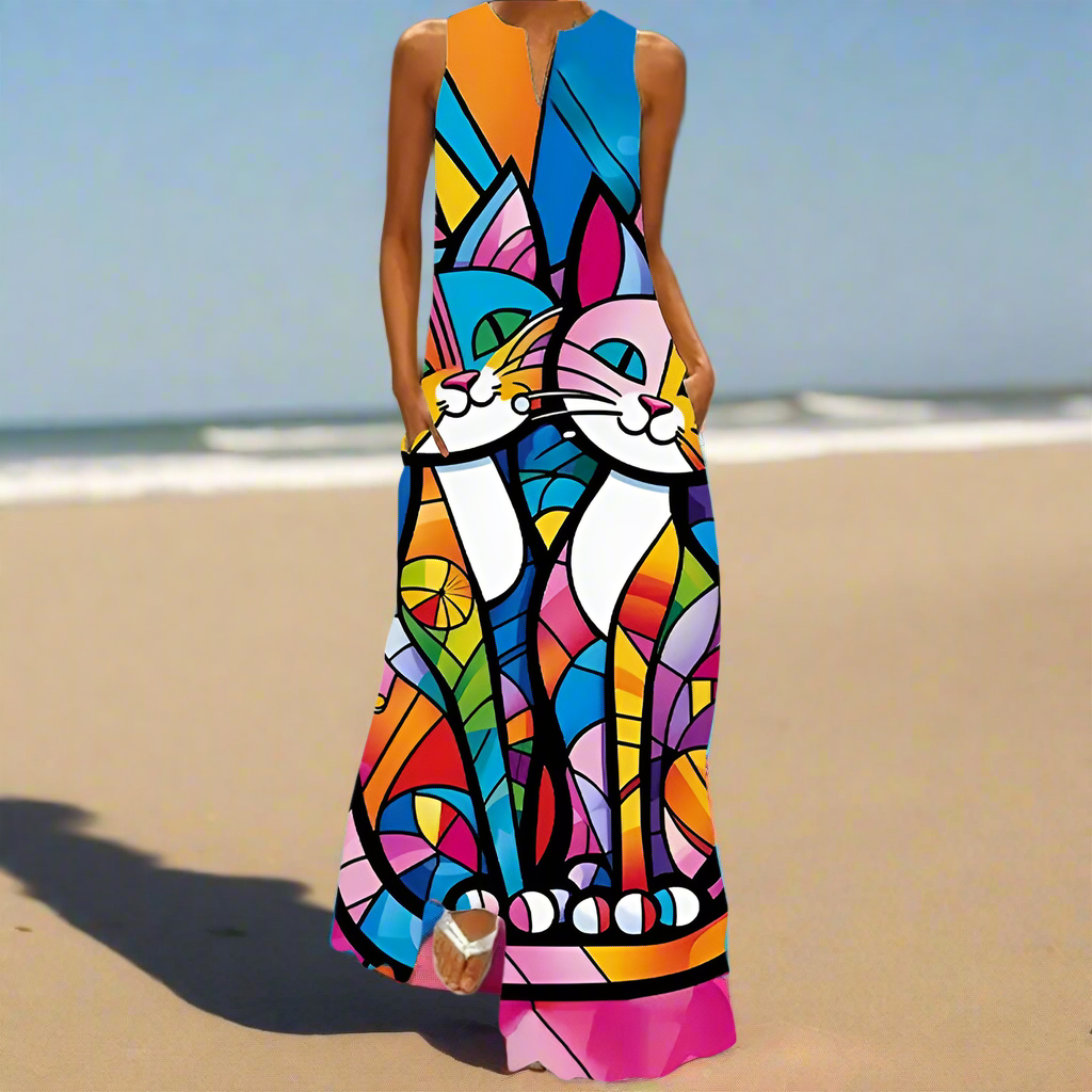 Summer Fashion V-Neck Sleeveless Maxi Dress with Cute Cartoon Cat Print & Pockets Collection - ALOE WINGS STORE