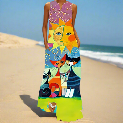 Summer Fashion V-Neck Sleeveless Maxi Dress with Cute Cartoon Cat Print & Pockets Collection - ALOE WINGS STORE