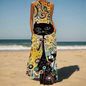 Summer Fashion V-Neck Sleeveless Maxi Dress with Cute Cartoon Cat Print & Pockets Collection - ALOE WINGS STORE