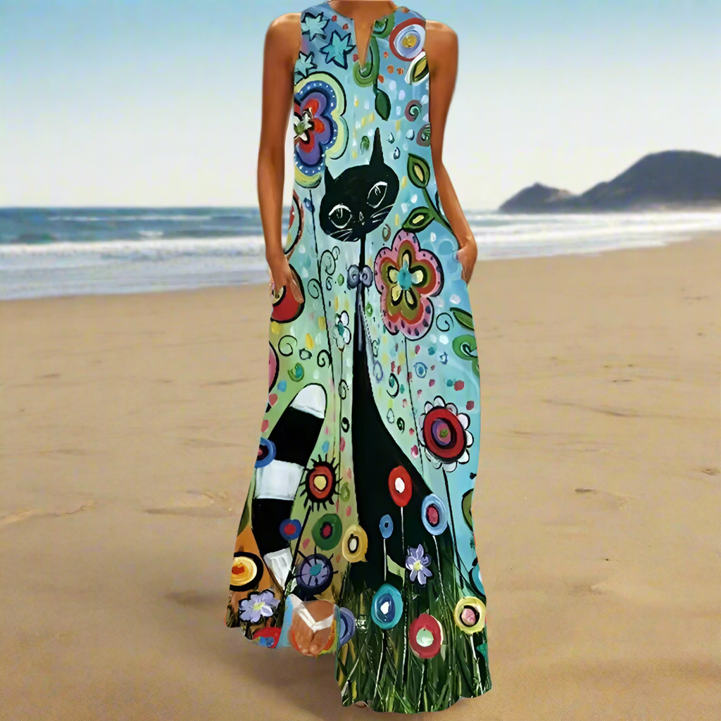 Summer Fashion V-Neck Sleeveless Maxi Dress with Cute Cartoon Cat Print & Pockets Collection - ALOE WINGS STORE