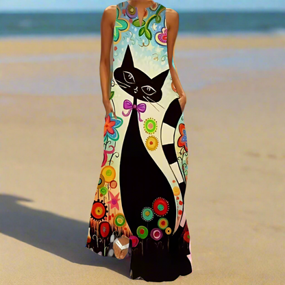 Summer Fashion V-Neck Sleeveless Maxi Dress with Cute Cartoon Cat Print & Pockets Collection - ALOE WINGS STORE