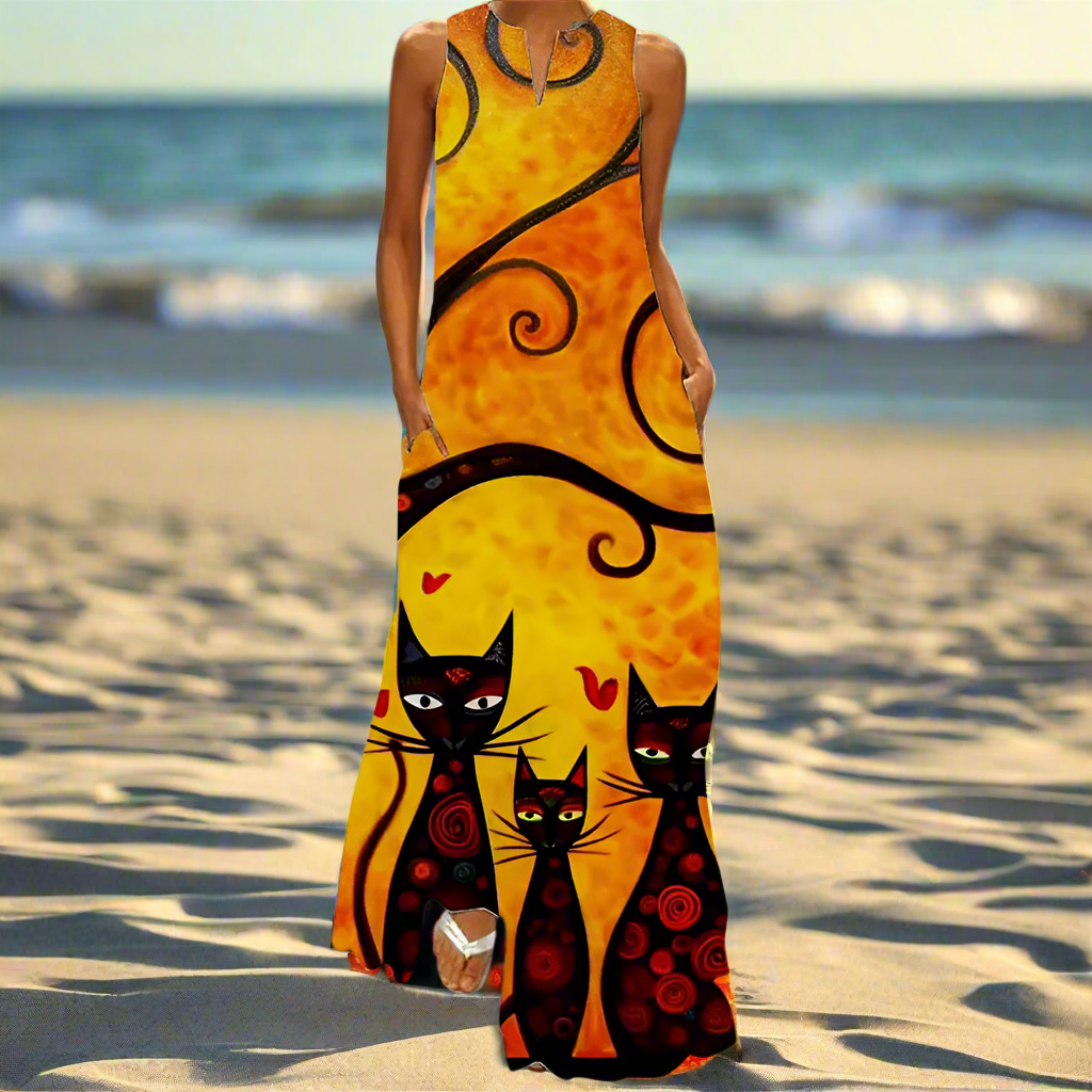 Summer Fashion V-Neck Sleeveless Maxi Dress with Cute Cartoon Cat Print & Pockets Collection - ALOE WINGS STORE