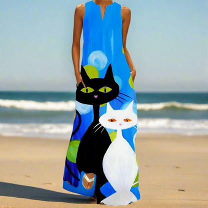 Summer Fashion V-Neck Sleeveless Maxi Dress with Cute Cartoon Cat Print & Pockets Collection - ALOE WINGS STORE