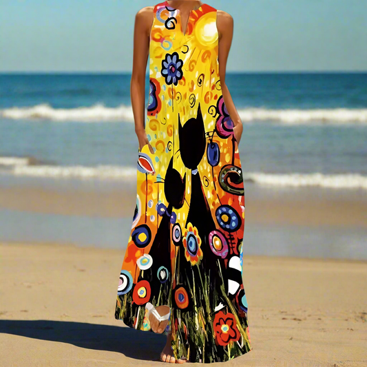 Summer Fashion V-Neck Sleeveless Maxi Dress with Cute Cartoon Cat Print & Pockets Collection - ALOE WINGS STORE