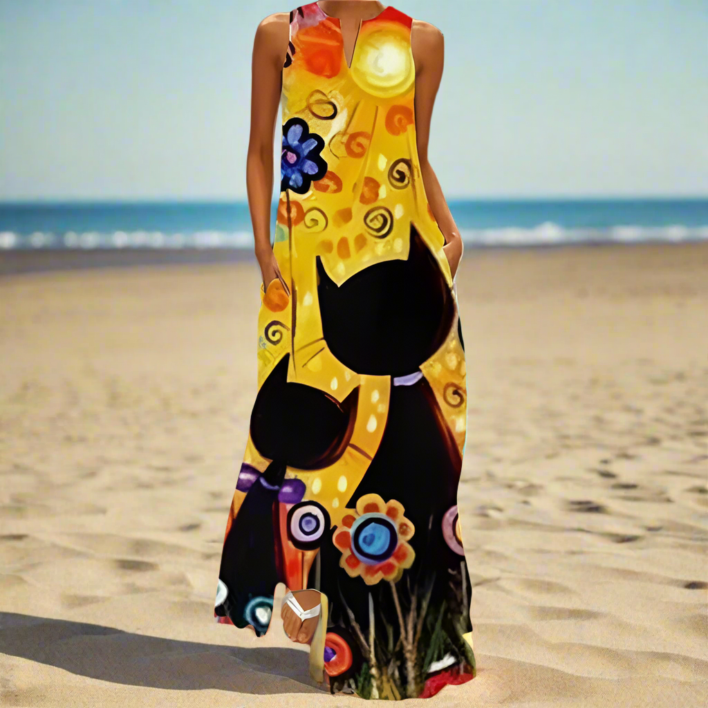 Summer Fashion V-Neck Sleeveless Maxi Dress with Cute Cartoon Cat Print & Pockets Collection - ALOE WINGS STORE