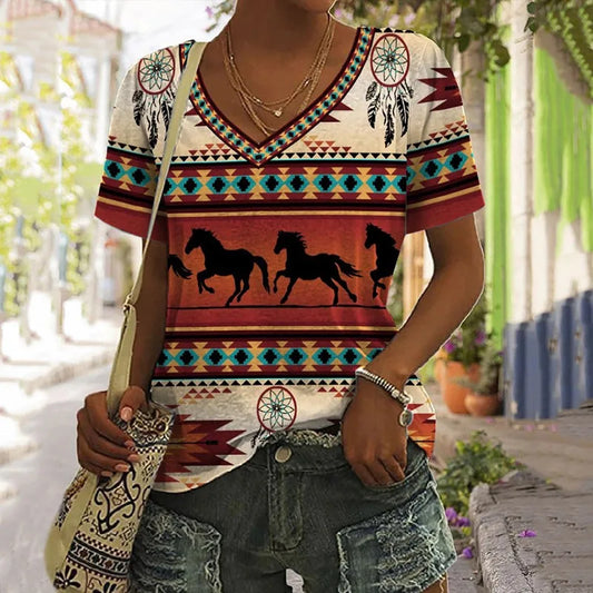 Western Ethnic Styles V-Neck T-Shirts Collecton (S-3XL) - ALOE WINGS STORE