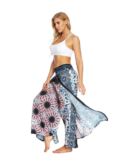 Women's Ethnic Style Wide-Leg Trousers with Side Slit - ALOE WINGS STORE