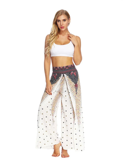 Women's Ethnic Style Wide-Leg Trousers with Side Slit - ALOE WINGS STORE
