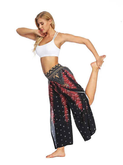 Women's Ethnic Style Wide-Leg Trousers with Side Slit - ALOE WINGS STORE