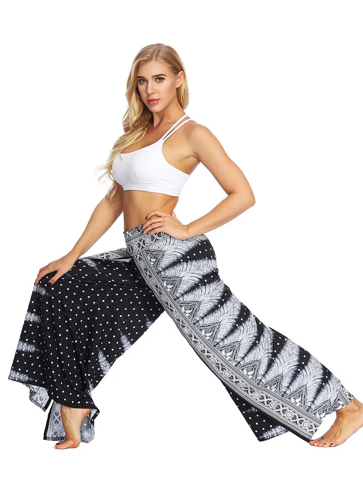 Women's Ethnic Style Wide-Leg Trousers with Side Slit - ALOE WINGS STORE