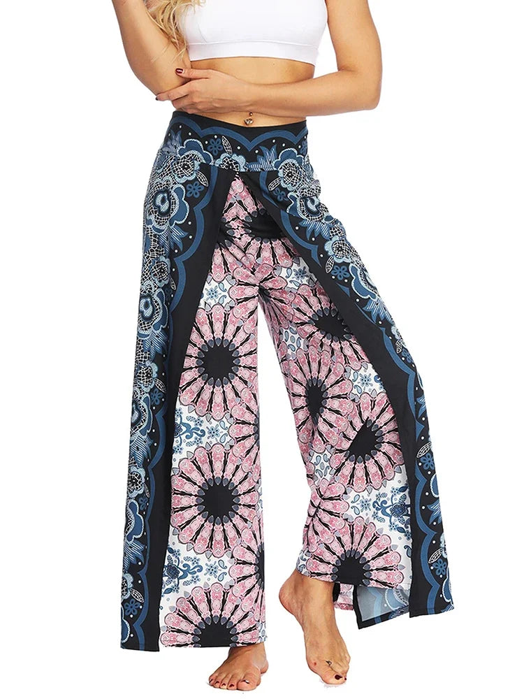 Women's Ethnic Style Wide-Leg Trousers with Side Slit - ALOE WINGS STORE