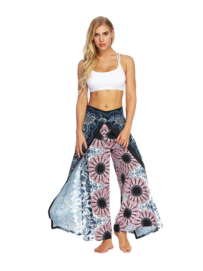 Women's Ethnic Style Wide-Leg Trousers with Side Slit - ALOE WINGS STORE