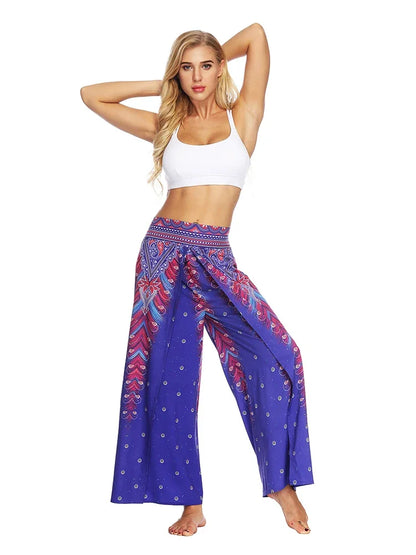 Women's Ethnic Style Wide-Leg Trousers with Side Slit - ALOE WINGS STORE