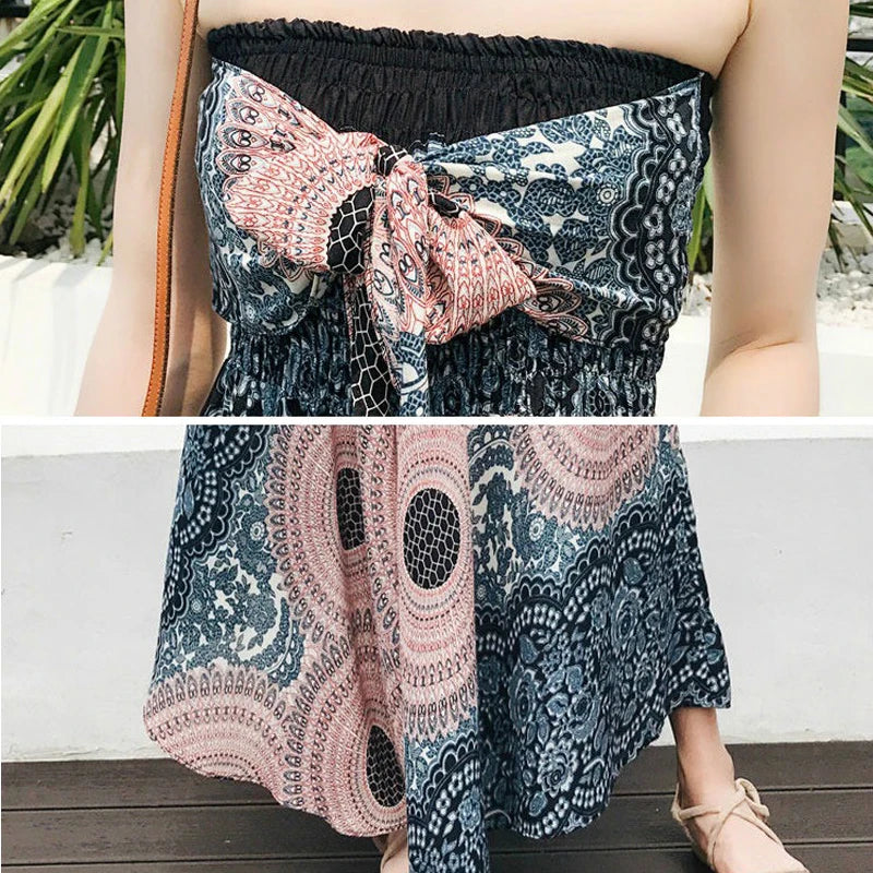 Women's Boho Floral Maxi Skirts – Beachwear, Elastic Waist, Halter Bandage Style - ALOE WINGS STORE