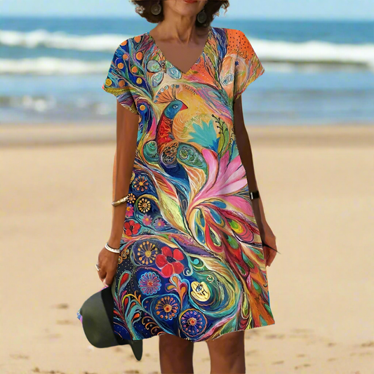 Women's Vintage V-Neck Short Sleeve Loose Oversized Dresses - ALOE WINGS STORE
