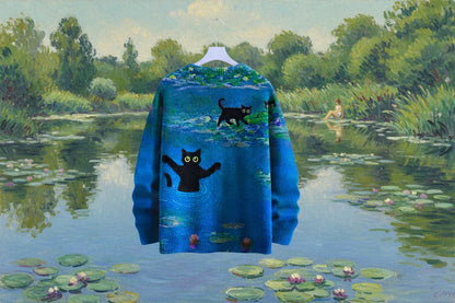 Blue sweater with black cat designs over a painting of a pond with lilies and a person sitting on a log.