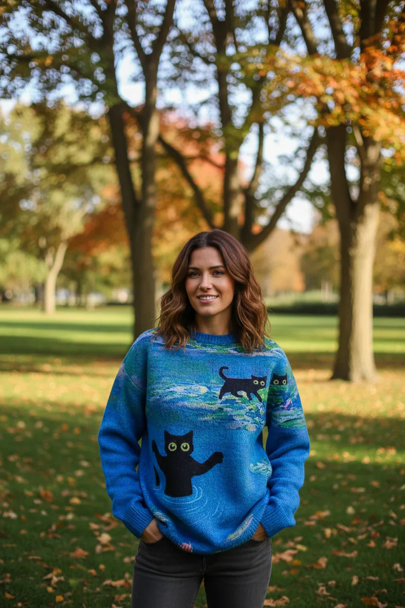Woman wearing a blue sweater with black cat designs in an outdoor setting with trees and grass.