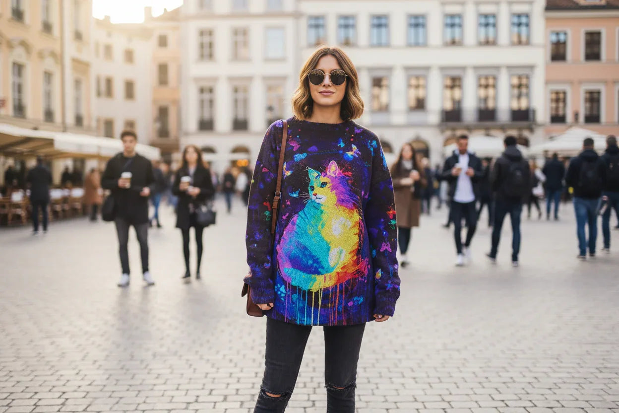 Woman wearing a colorful sweater with a cat design in an urban setting