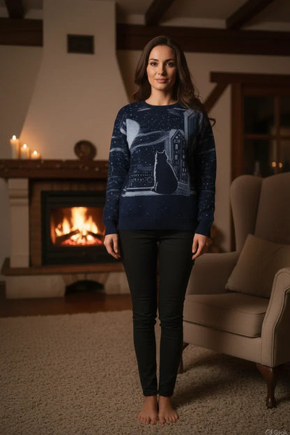 Woman wearing a blue sweater with a cat design in a cozy living room with a fireplace.