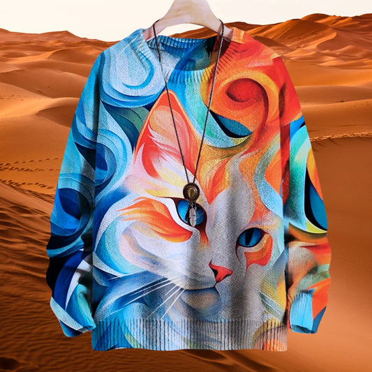 Unisex Casual Sweater with 3D Cat Oil Painting Designs - ALOE WINGS STORE