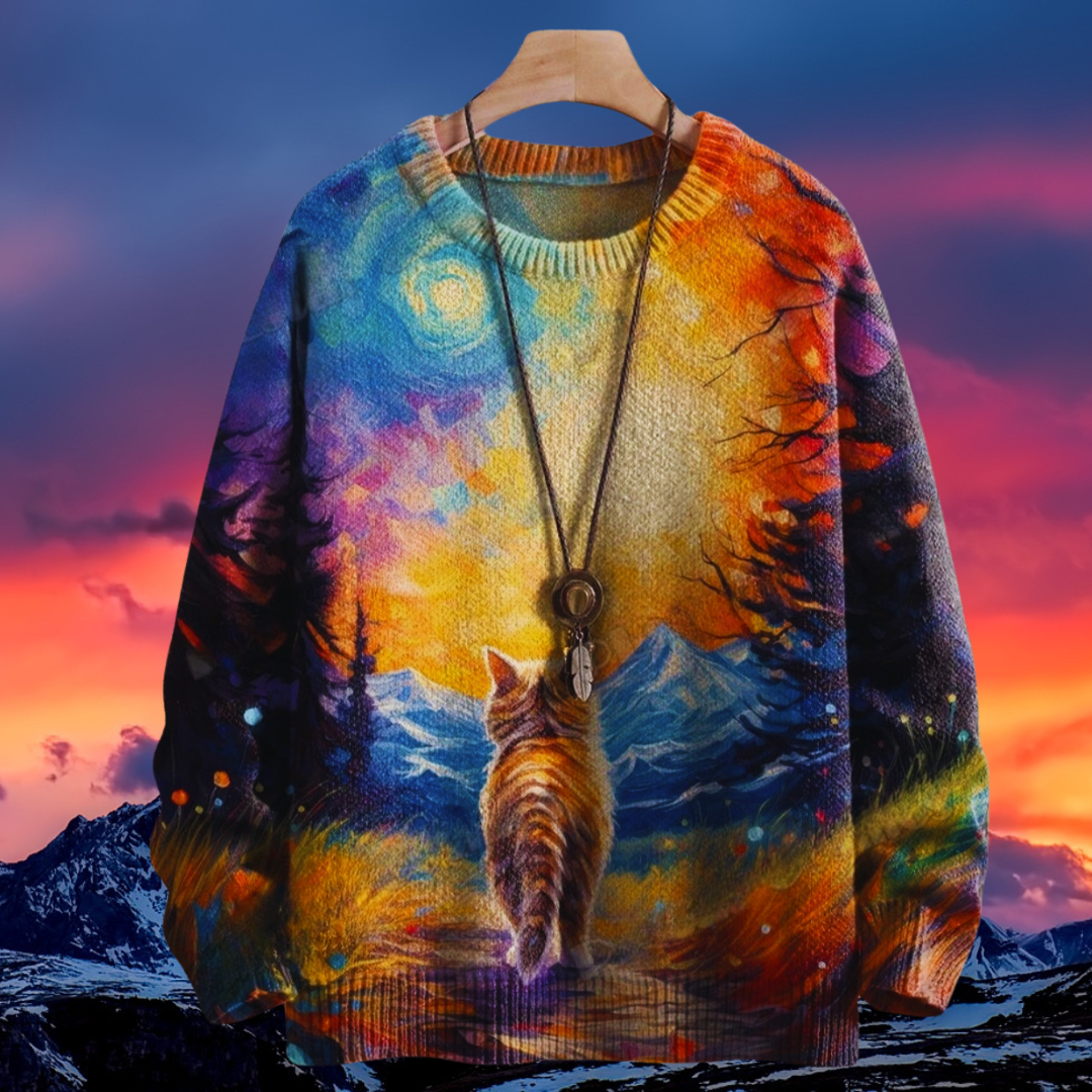 Unisex Casual Sweater with 3D Cat Oil Painting Designs - ALOE WINGS STORE