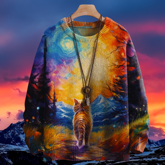 Unisex Casual Sweater with 3D Cat Oil Painting Designs - ALOE WINGS STORE