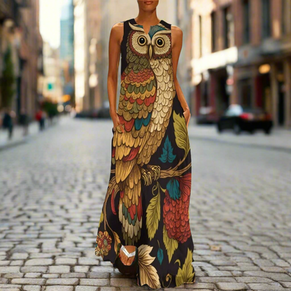 Women's Owl and Peacock Print Long Loose Maxi Dresses - Stylish Animal Fashion (Plus Size Included) - ALOE WINGS STORE