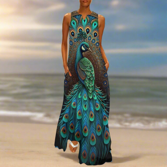 Women's Owl and Peacock Print Long Loose Maxi Dresses - Stylish Animal Fashion (Plus Size Included) - ALOE WINGS STORE