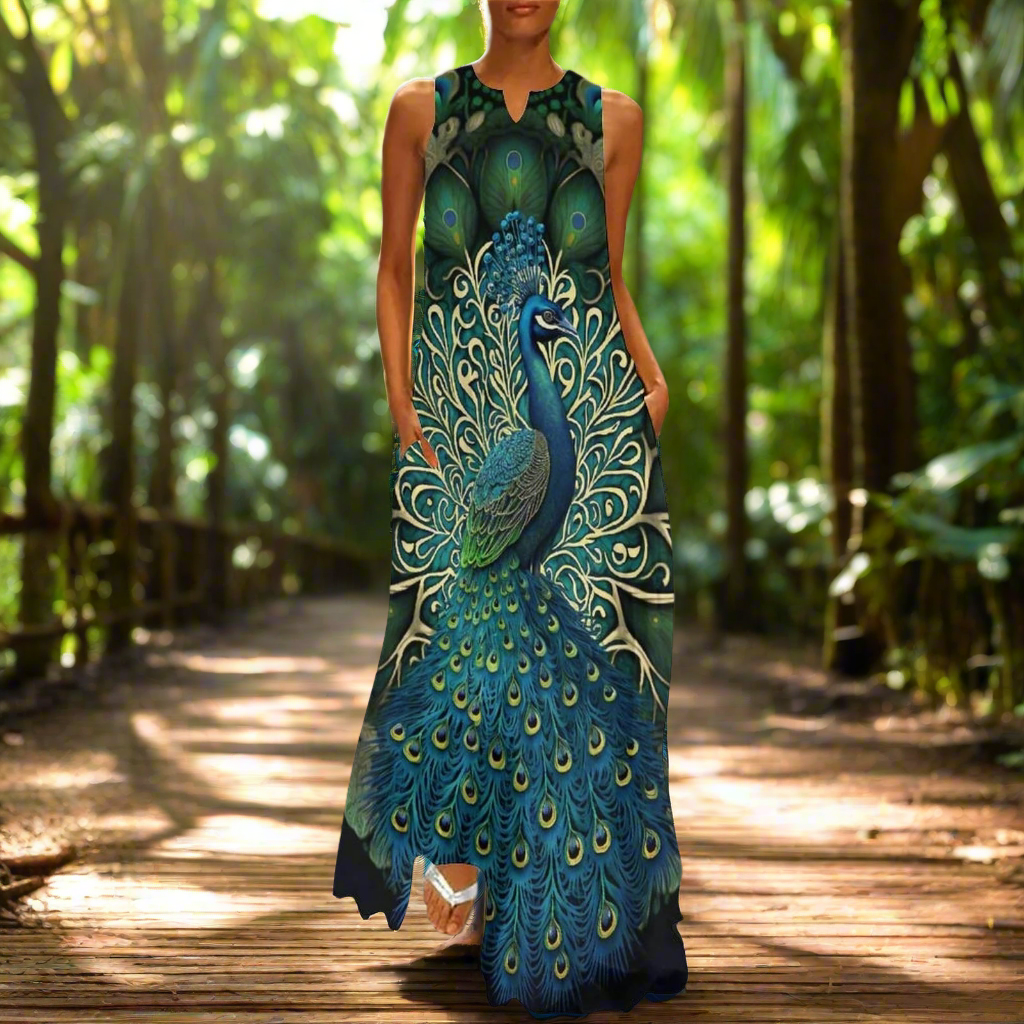 Women's Owl and Peacock Print Long Loose Maxi Dresses - Stylish Animal Fashion (Plus Size Included) - ALOE WINGS STORE