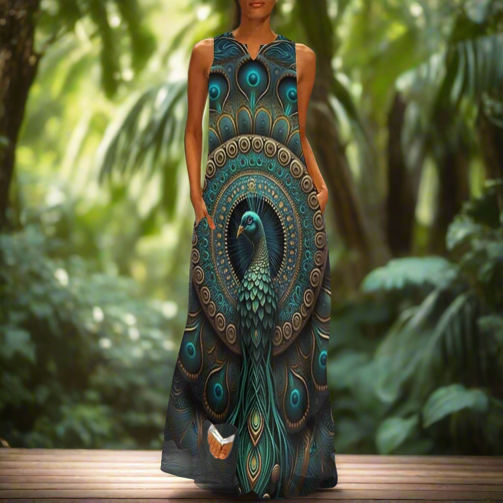 Women's Owl and Peacock Print Long Loose Maxi Dresses - Stylish Animal Fashion (Plus Size Included) - ALOE WINGS STORE