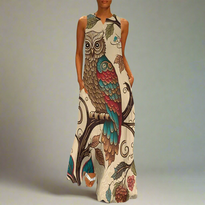 Women's Owl and Peacock Print Long Loose Maxi Dresses - Stylish Animal Fashion (Plus Size Included) - ALOE WINGS STORE