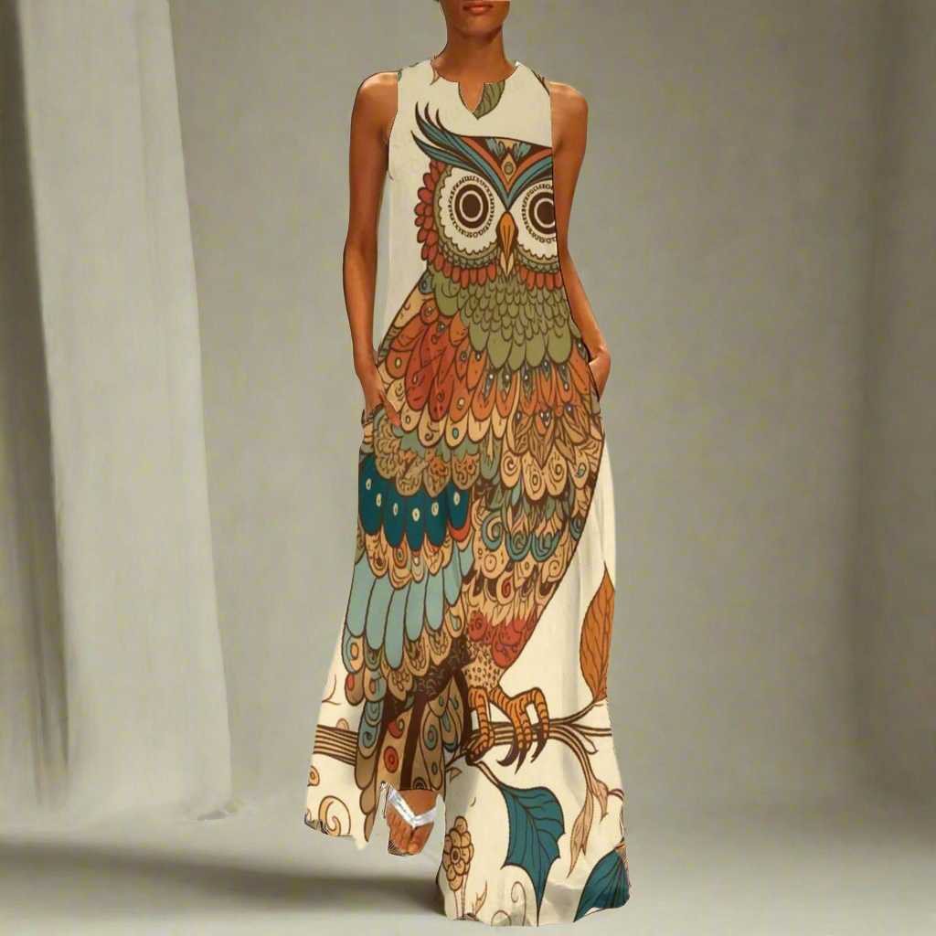 Women's Owl and Peacock Print Long Loose Maxi Dresses - Stylish Animal Fashion (Plus Size Included) - ALOE WINGS STORE