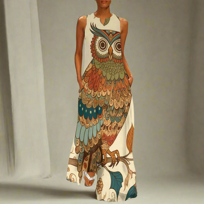 Women's Owl and Peacock Print Long Loose Maxi Dresses - Stylish Animal Fashion (Plus Size Included) - ALOE WINGS STORE