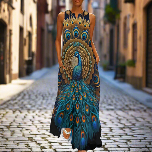 Women's Owl and Peacock Print Long Loose Maxi Dresses - Stylish Animal Fashion (Plus Size Included) - ALOE WINGS STORE